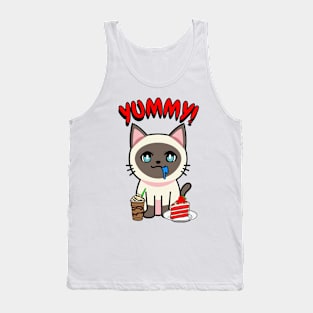 Cute siamese cat is having coffee and cake Tank Top